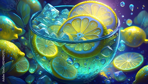 y close up of sliced lemons in lemonade in a glass with ice cubes water condensation