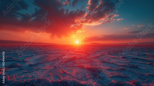 An image of a sun rising over a desolate landscape, symbolizing the dawn of a new era. photo