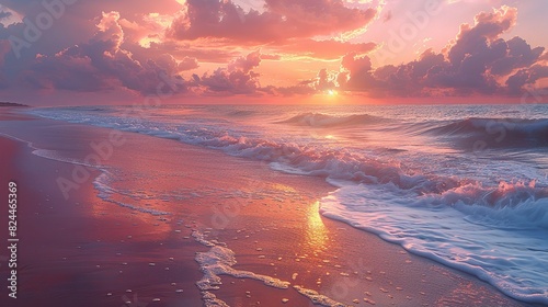 Nature Background, Sunrise on a Quiet Beach: A tranquil beach at sunrise, with gentle waves lapping at the shore and the sky painted in soft pinks and oranges. Illustration image,