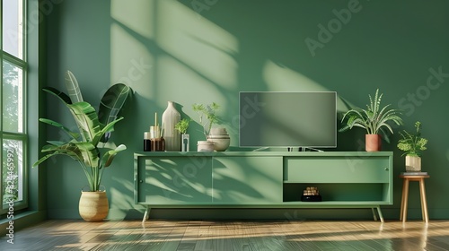 3D rendering of a minimalist living room interior with a green TV cabinet and green wall décor items 