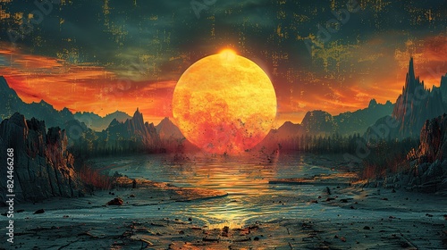 An illustration of a sun rising over a devastated landscape, symbolizing hope and renewal. stock image