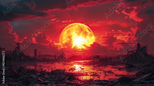 An illustration of a sun rising over a devastated landscape, symbolizing hope and renewal. image