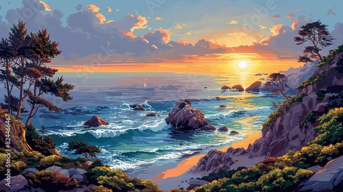 Nature Background, Sunrise Over a Rocky Shore: A rugged shoreline with the sun rising over the ocean, casting a warm light over the rocks and waves. Illustration image,