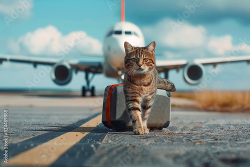 Holiday vacation cat waiting in airport terminal ready to board the aero plane. Generative AI