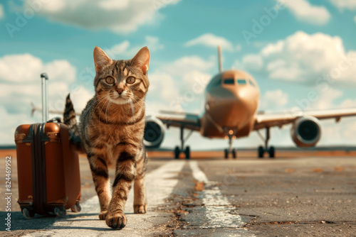 Holiday vacation cat waiting in airport terminal ready to board the aero plane. Generative AI