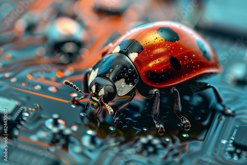 ladybug on circuit board, motherboard have bug. security cyber concept. ai generative
