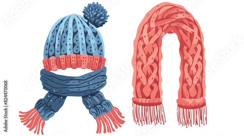 Ornamented knitted childish bobble hat and scarf. 