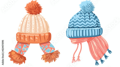 Ornamented knitted childish bobble hat and scarf. 