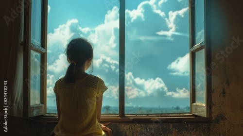 The girl sits at the window, her gaze lost in the distant horizon, as if searching for answers in the expanse of the sky beyond.