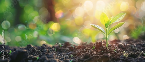 Young green plant sprouting in fertile soil with sunlight and bokeh background, symbolizing new growth, nature, and ecological balance.