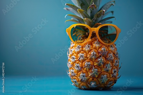 Pineapple is wearing black sunglasses and sunglasses on a blue background. Advertising accessories, summer, vacation.