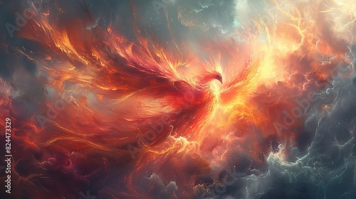 An abstract image of a phoenix rising towards the sky, symbolizing resurgence. stock image
