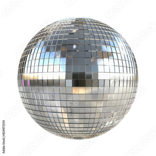 Silver disco mirror ball isolated isolated on transparent background.