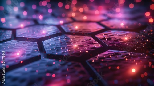 Abstract 3D Background. Neon lights and rotating hexagons in a 3D grid produce a captivating, futuristic effect.