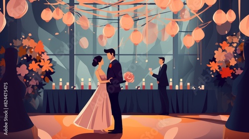 A romantic couple shares a dance at an elegantly decorated wedding reception with glowing lights and vibrant flowers.