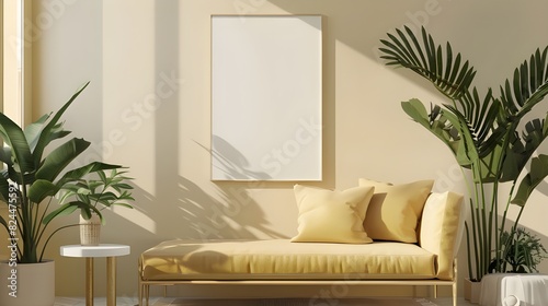 ISO frame mockup the size of paper. Mockup of wall poster in living room. home background on an interior mockup. contemporary home decor. 3D 