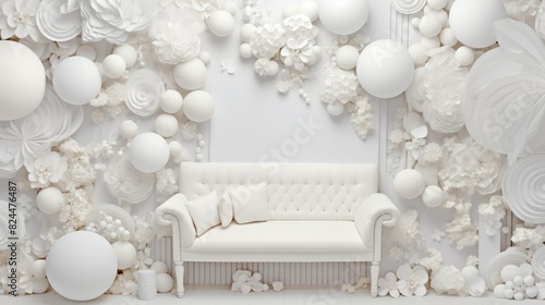 Elegant white decor with floral accents, round shapes, and an antique white sofa, creating a serene and sophisticated setting.