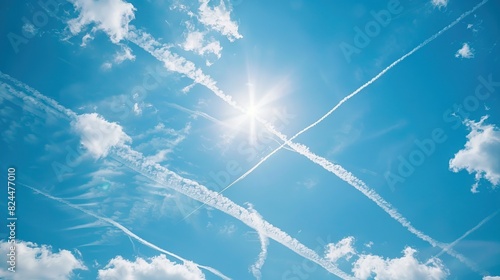 Bright sun with airplane contrails crisscrossing a clear blue sky