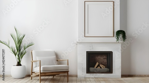 Interior of a Scandinavian living room fireplace mantel with a blank frame mockup on the wall and white minimalist chairs and plants 