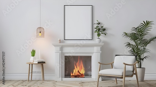 Interior of a Scandinavian living room fireplace mantel with a blank frame mockup on the wall and white minimalist chairs and plants 