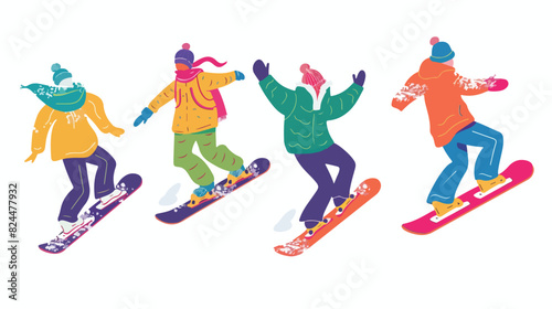 People riding winter snowboards Four . Snow board 