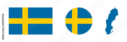 Sweden flag and map icon. Round sweden flag. Vector illustration.