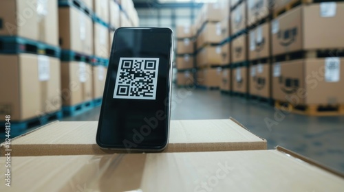 Close up of qr code on screen phone display to locate a cardboard box