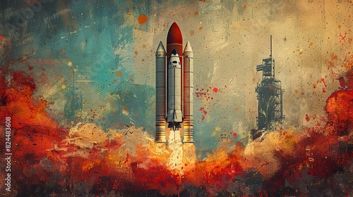 A conceptual painting of a rocket launching with a rising arrow, symbolizing ambitious growth. stock photo