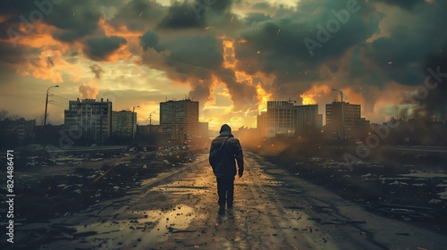 Evocative image A person walking aimlessly on a deserted street, burdened by the weight of unemployment