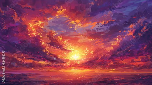 Sky melds vibrant orange, purple, and red hues in a spectacular sunset.