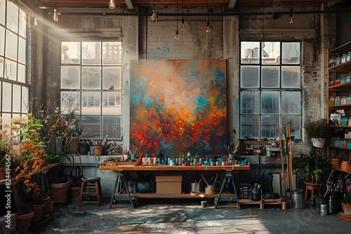 Vibrant Sunlight Illuminates Colorful Workspace and Abstract Painting