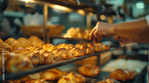 In a bustling bakehouse, a close-up shot zooms in on a man baker's hands as he carefully removes a tray of freshly baked pastries from the oven, the golden treats radiating warmth