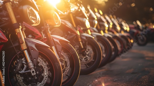 Sundown at the Motorcycle Lot - A Row of Bikes Bathed in Golden Light