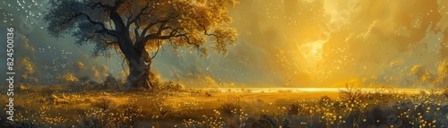 A serene sunset landscape with a large tree and golden fields illuminated by warm, enchanting light. Ideal for nature and scenery-themed projects.