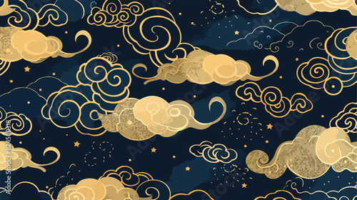 Seamless pattern of Chinese cloudy sky with curly gol