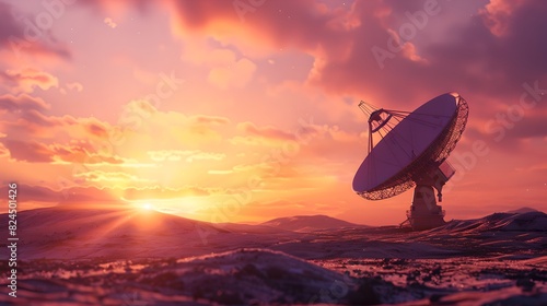 Futuristic Satellite Dish Receiving Signal at Sunrise in Snowy Landscape