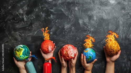 Hands of four people holding burning globes, each with flames made of crumpled paper with two fire extinguishers near hands, highlighting the urgency of addressing climate change.