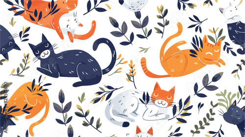 Seamless pattern with cute funny cats sleeping washin