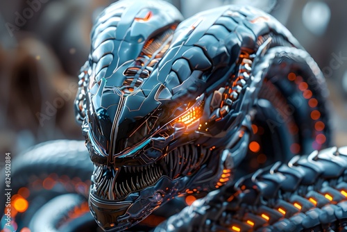 Colossal Cyborg Hydra Warrior - Breathtaking 3D Render of Cutting-Edge Serpentine Being with Gleaming Titanium Scales and Bioluminescent Energy