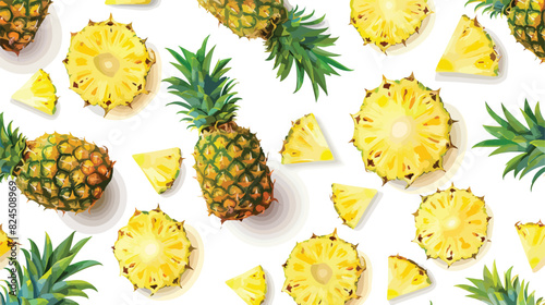 Seamless pattern with whole and cut pineapples 