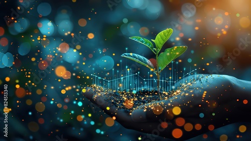 An abstract depiction of a hand nurturing a plant with a rising chart, symbolizing fostering growth. stock photo