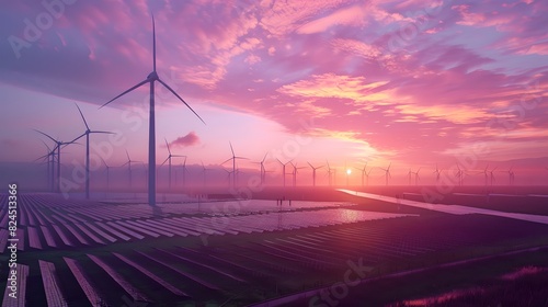 Serene Sunset at Wind Farm - Renewable Energy Landscape Under Colorful Sky