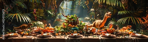 A junglethemed birthday party with a dinosaur cake, green and brown decorations, children in dinosaur hats, lively and fun, Digital Art