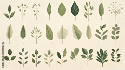 Nature's Diversity: Green Leaf Illustrations on Beige Background