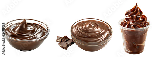 Three bowls of chocolate sauce with a cup of chocolate sauce in the middle cutout on transparent background. Mockup for template product presentation.