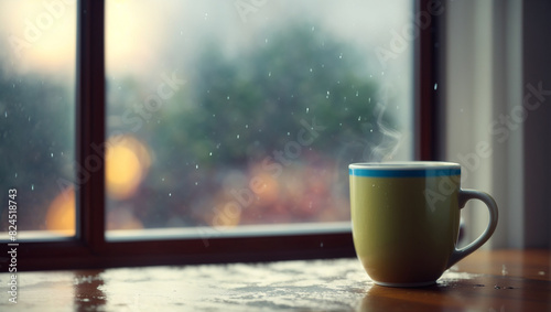 A yellow cup of coffee on a saucer sits on a wooden table in front of a window. Raindrops run down the windowpane.