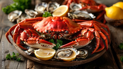 Gourmet seafood platter with fresh crab, oysters, and lemons on wooden background