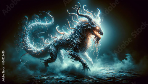 Eldritch Chimera: A surreal, full-body depiction of a rare, eldritch chimera with twisted, glowing features and scales that pulse with a mysterious light.