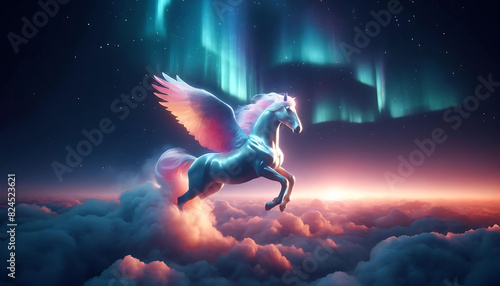 Astral Pegasus: A surreal, full-body depiction of a rare, astral pegasus with a coat that glows with the colors of a sunset. The pegasus flies through a sky filled with auroras and shimmering stars.