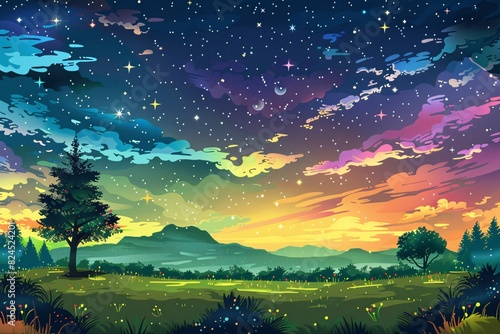 a landscape with trees and stars
